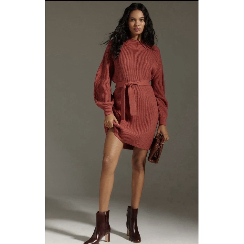 Anthropologie Maeve Mini Dress Cedar Long Sleeve Mock Neck Tie Waist XL NWT